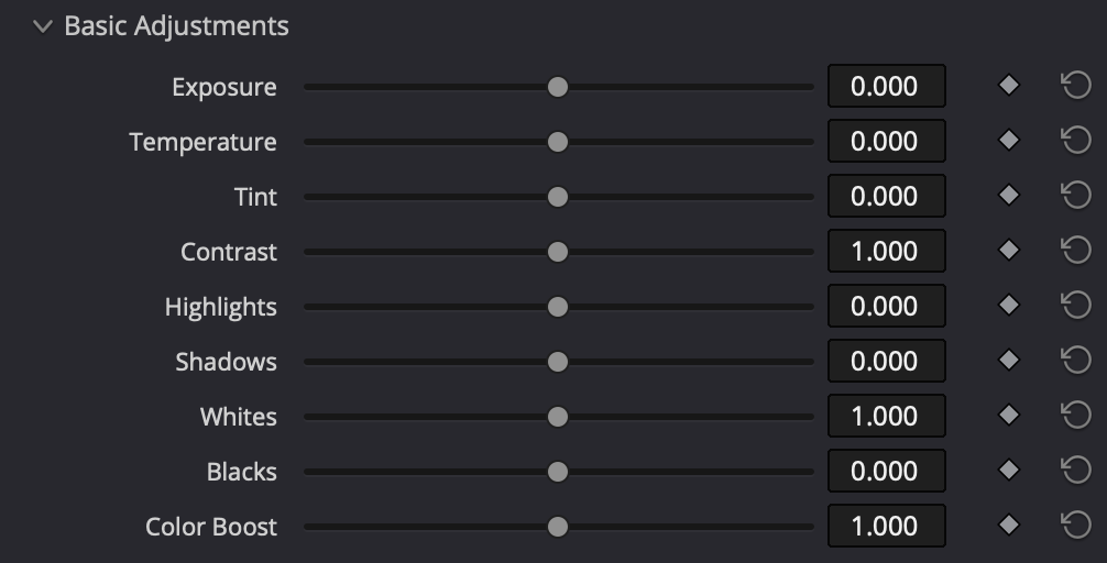 Basic Adjustments controls in macunfilm for DaVinci Resolve