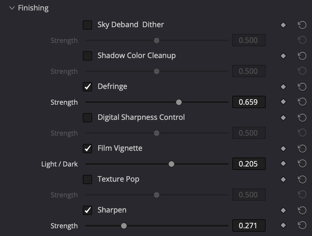 Finishing controls in macunfilm for DaVinci Resolve