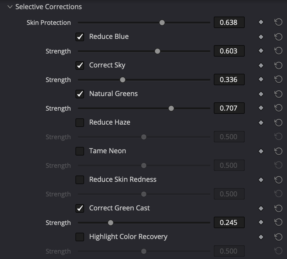 Selective Corrections controls in macunfilm for DaVinci Resolve