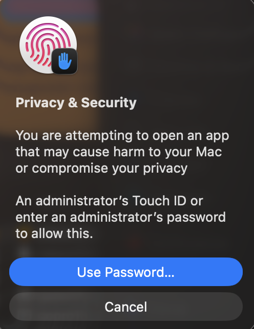 macOS administrator approval dialog offering Touch ID or the Use Password button