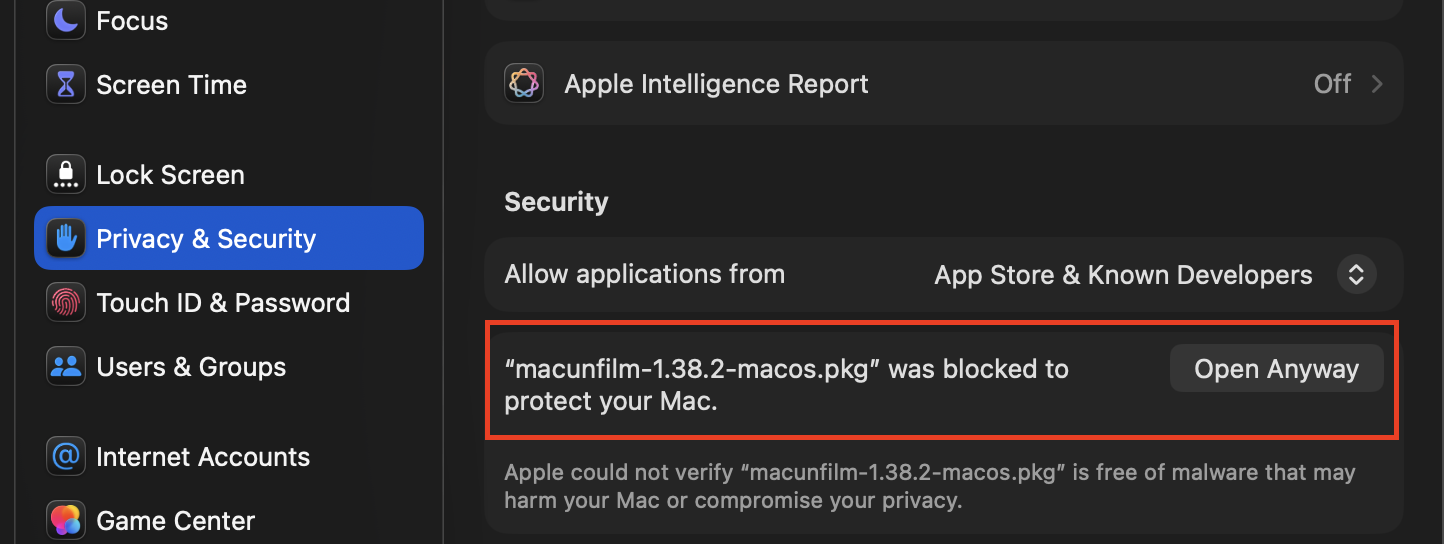 macOS Privacy and Security settings showing the blocked macunfilm package and the Open Anyway button